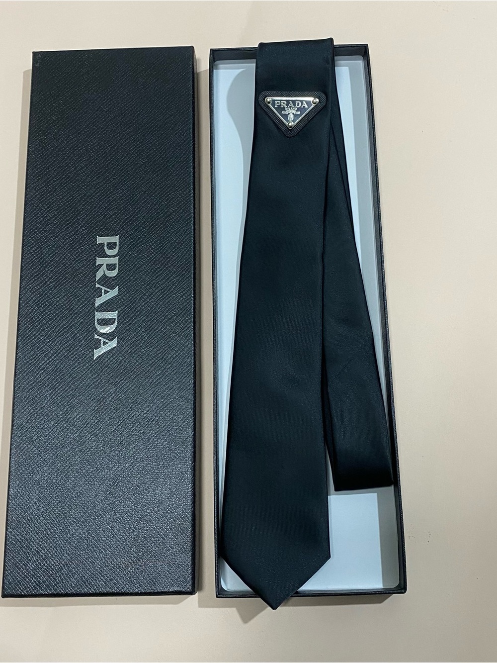 Prada Black Silk Tie with Logo Plaque